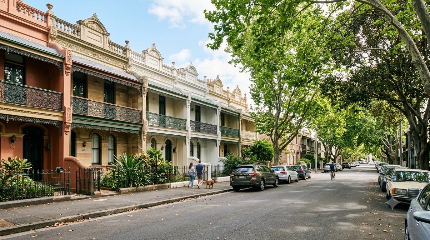 Grand Victorian terraces on a leafy street in Annandale, Sydney Inner West