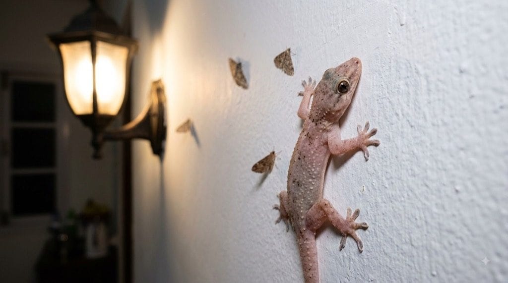 Asian house gecko on a white wall at night near a light with moths