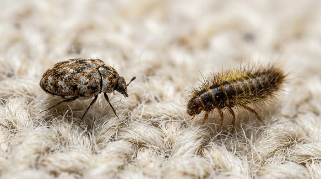 Varied carpet beetle adult and hairy carpet beetle larva on cream wool fabric