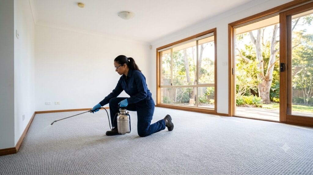 Pest control technician treating the carpet of an empty rental for an end of lease flea treatment in Sydney