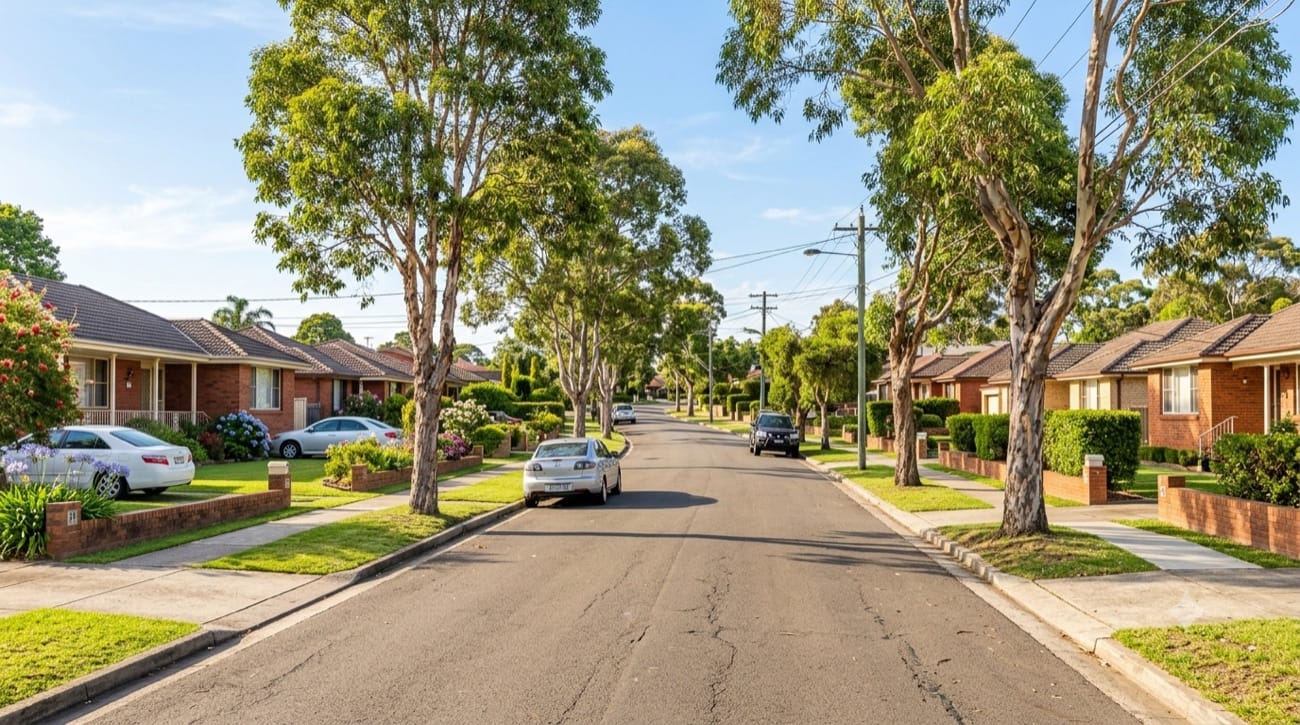 Established brick homes on a street in Fairfield Heights, Western Sydney