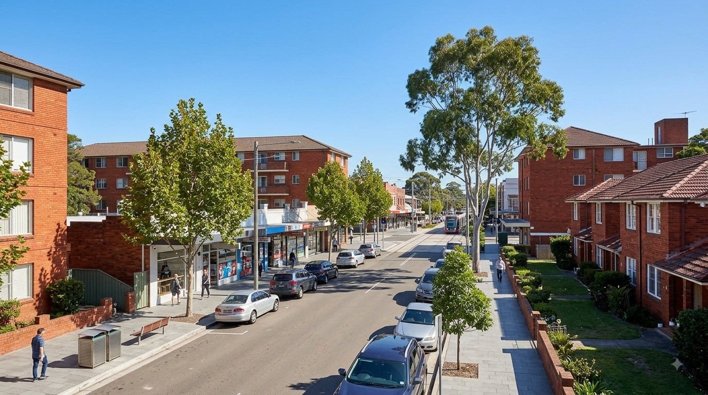 Red-brick apartments and shops in Kingsford, Sydney Eastern Suburbs