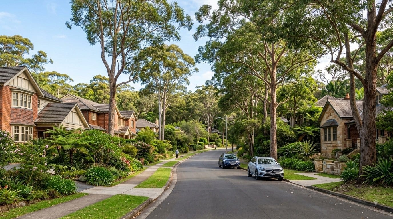 Leafy bushland street in Turramurra, Sydney Upper North Shore