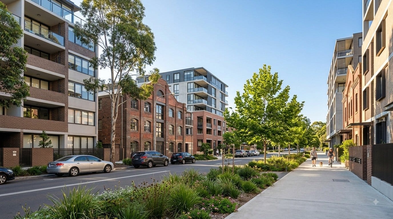 Modern apartments on a street in Waterloo, inner Sydney