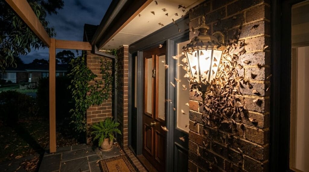 Bogong moths clustered around a glowing porch light on an Australian home at night during the spring migration