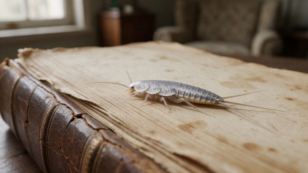 Silverfish insect crawling on the pages of an old book in a Sydney home